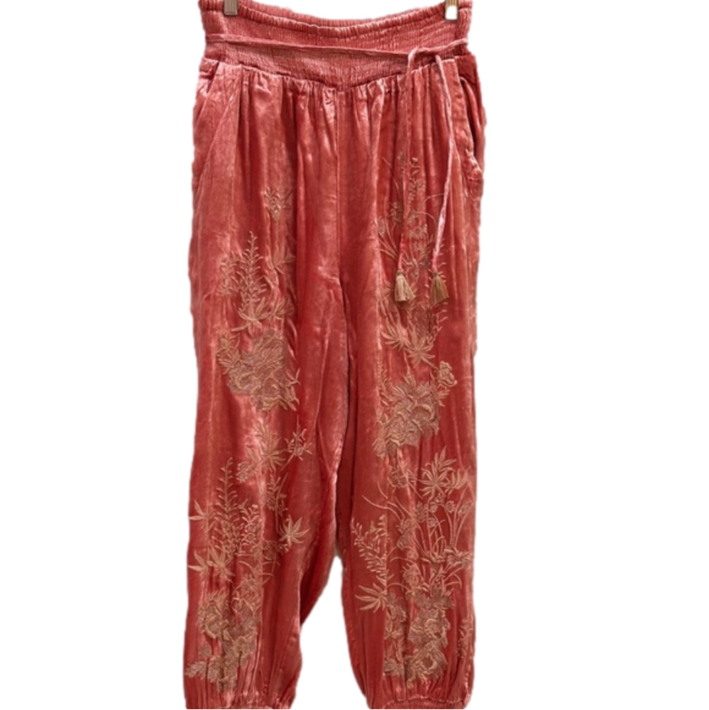 NWT Anthropologie Rosie Embroidered Velvet Joggers, Sz Medium